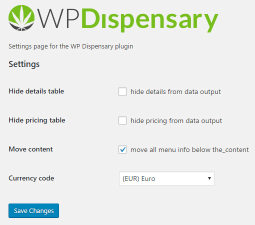 The WP Dispensary Settings page