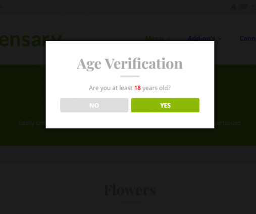 Dispensary Age Verification WordPress plugin - modal pop up screenshot