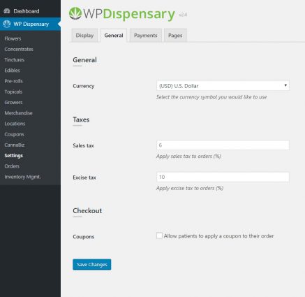 WP Dispensary's eCommerce admin settings